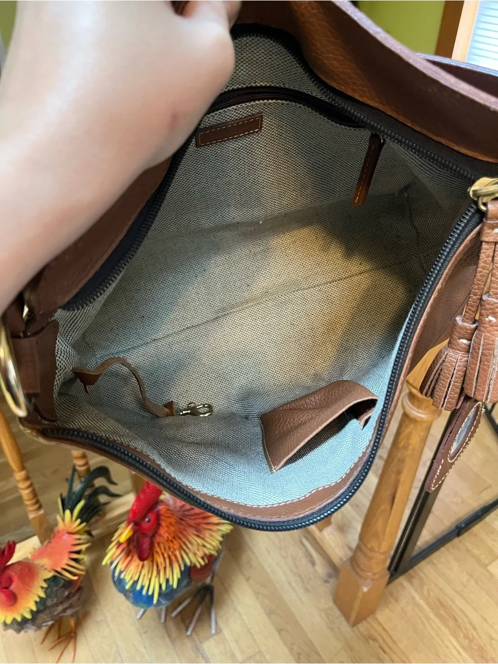 Dooney & Bourke Camel Brown Pebbled Leather Shoulder Bag with Tassel Emblem
